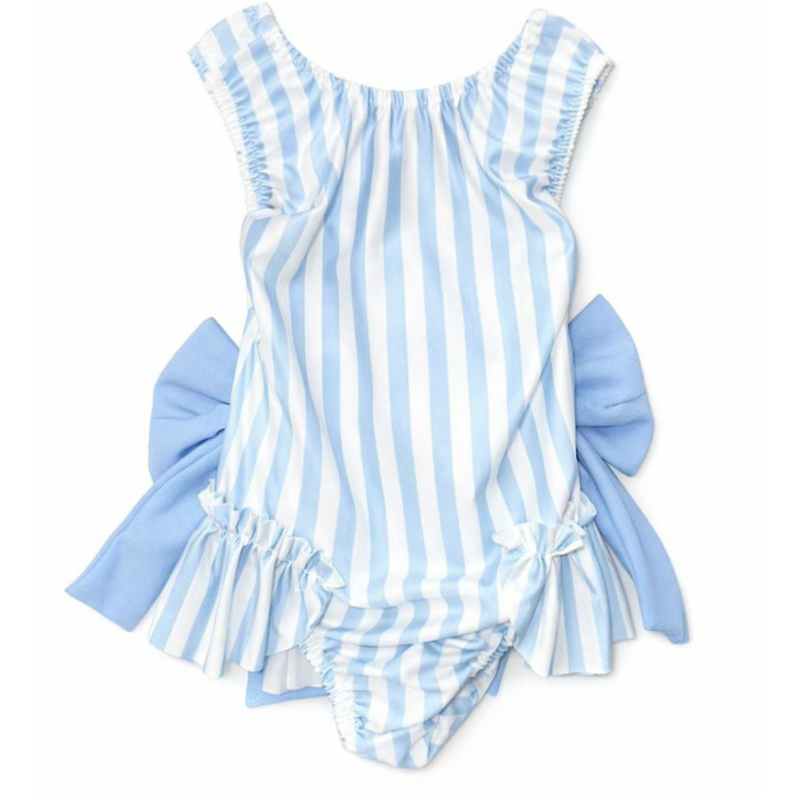Blue Pinstripe Inspired Print Swimsuit with Bows