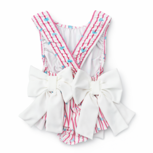 Itty Bitty Pink & Blue Stripe Heart Inspired Print Swimsuit with Bows
