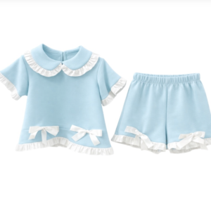 Itty Bitty Baby Blue Ruffle Collar Top & Bow Shorts Set