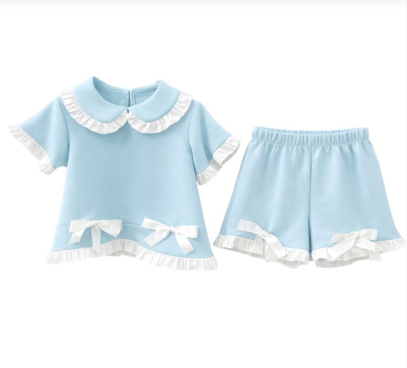 Itty Bitty Baby Blue Ruffle Collar Top & Bow Shorts Set