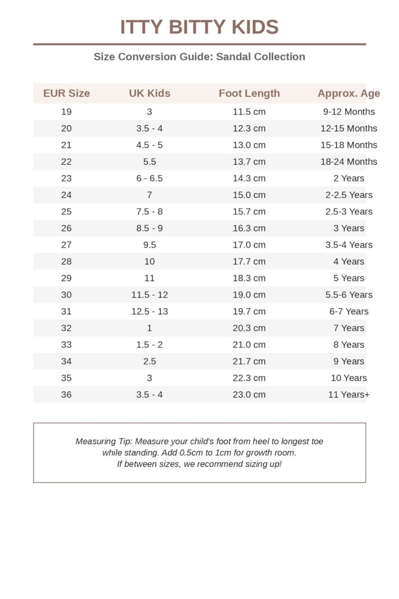 Itty Bitty Size Chart