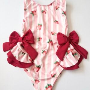 Itty Bitty Girls Baby Pink Stripe Strawberry Bow Swimsuit