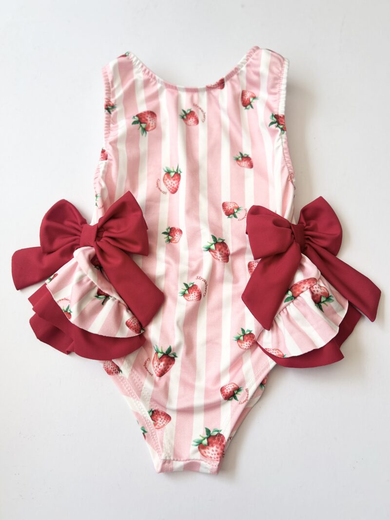 Itty Bitty Girls Baby Pink Stripe Strawberry Bow Swimsuit