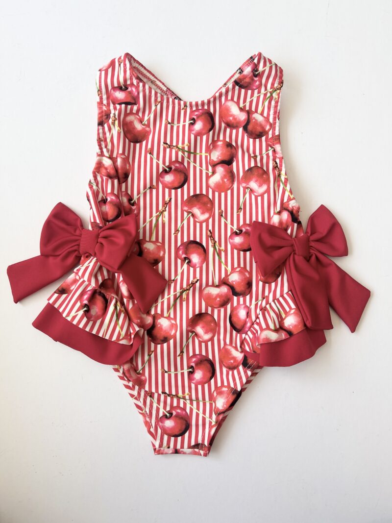 Itty Bitty Girls Red Stripe Cherry Bow Swimsuit