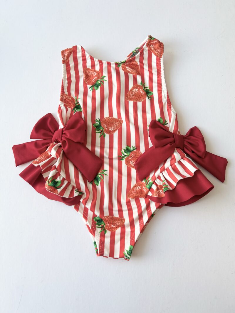 Itty Bitty Girls Red Stripe Strawberry Bow Swimsuit
