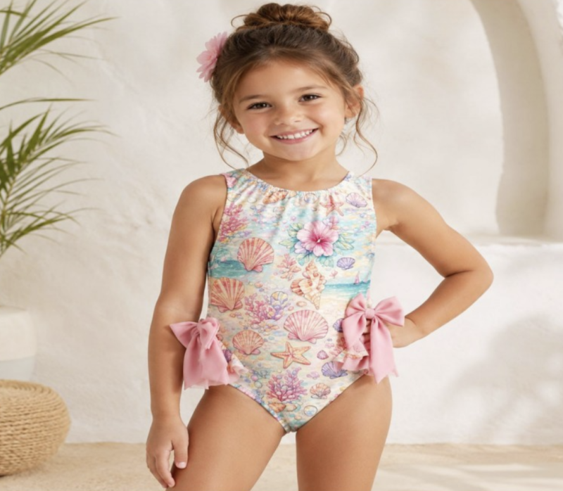 Itty Bitty Girls Shell Print Bow Swimsuit