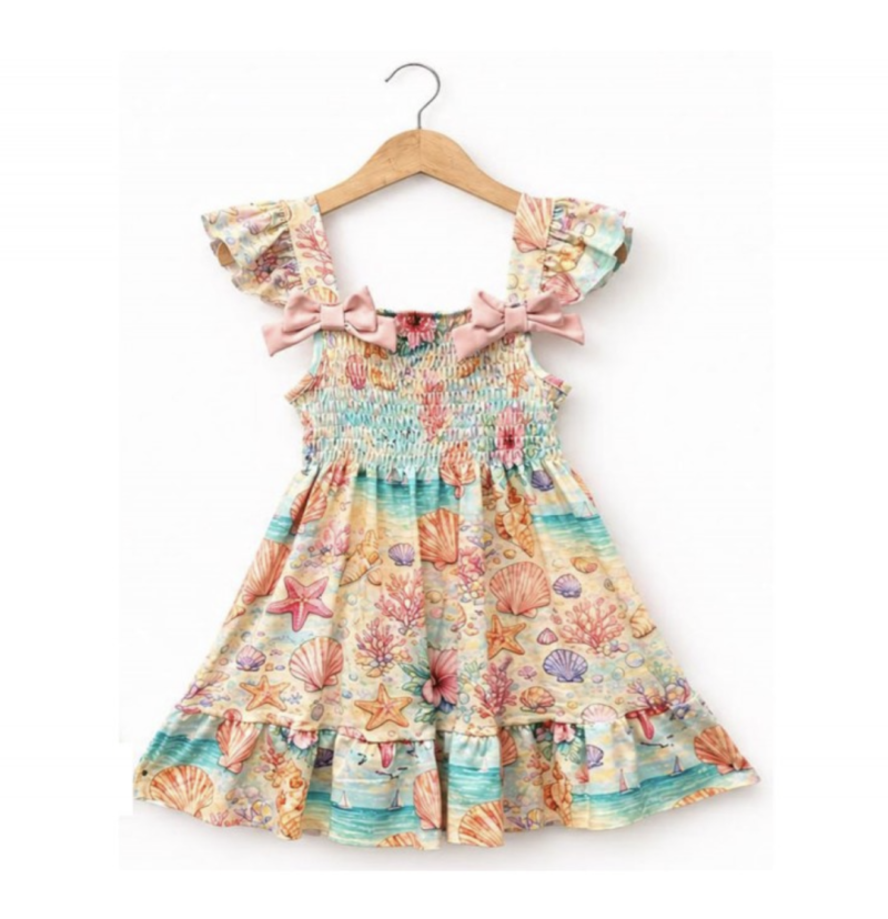 Itty Bitty Girls Shell Print Bow Dress