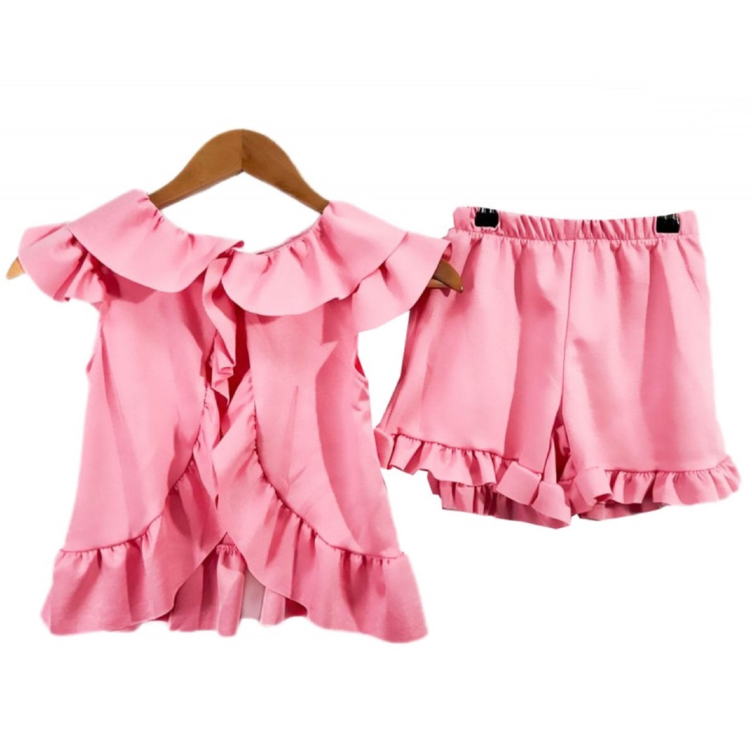 Home 7 Itty Bitty Girls Pink Ruffle Back Top & Shorts Set