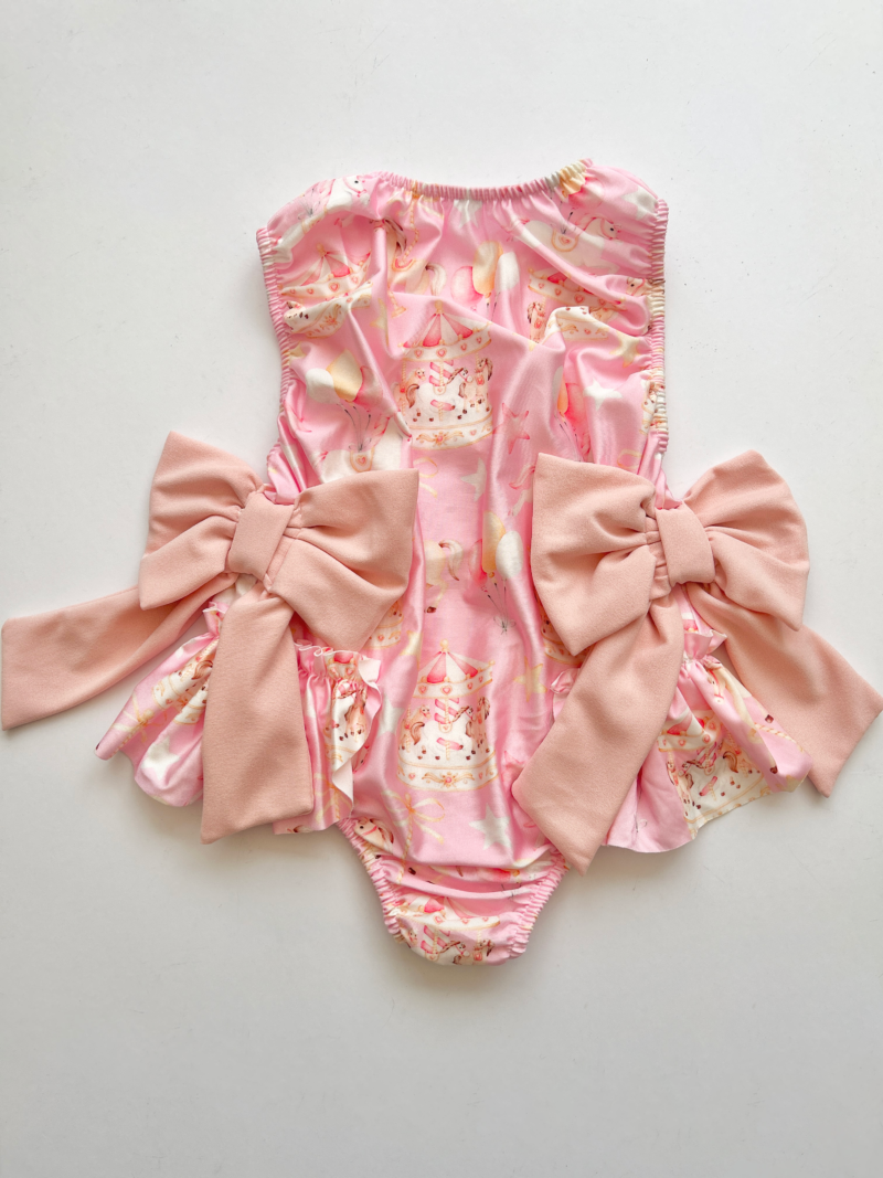 Itty Bitty Pink Fairground Print Swimsuit with Bows 1