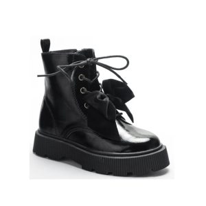 Home 6 Itty Bitty Girls Black Patent Chunky Sole Bow Boots