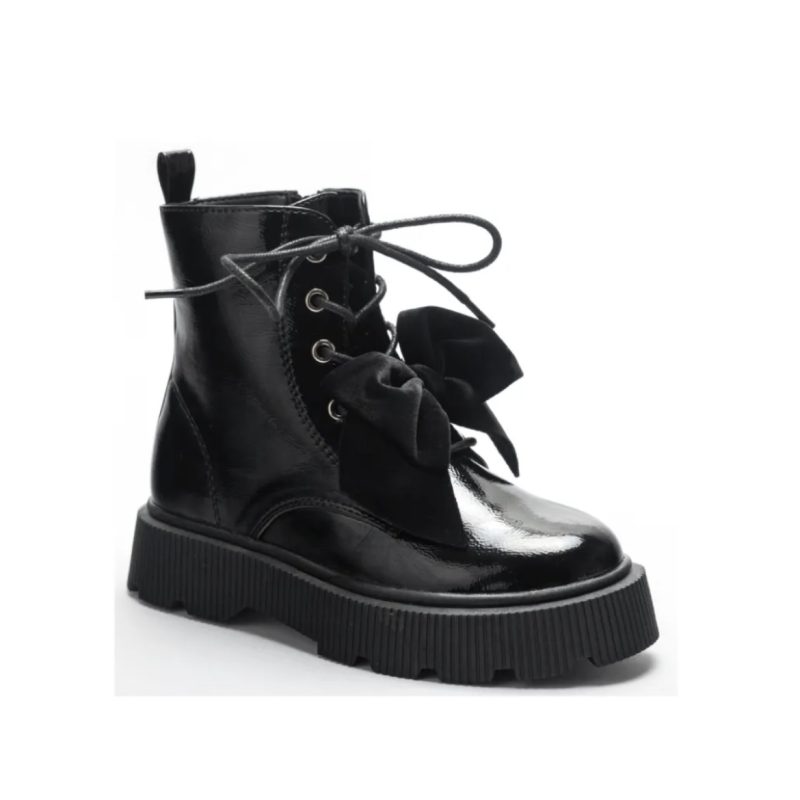 Itty Bitty Girls Black Patent Chunky Sole Bow Boots