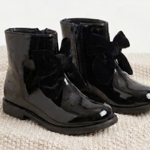 Home 10 Itty Bitty Girls Black Patent Velvet Bow Boots