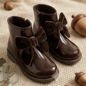 Home 8 Itty Bitty Girls Brown Patent Velvet Bow Boots
