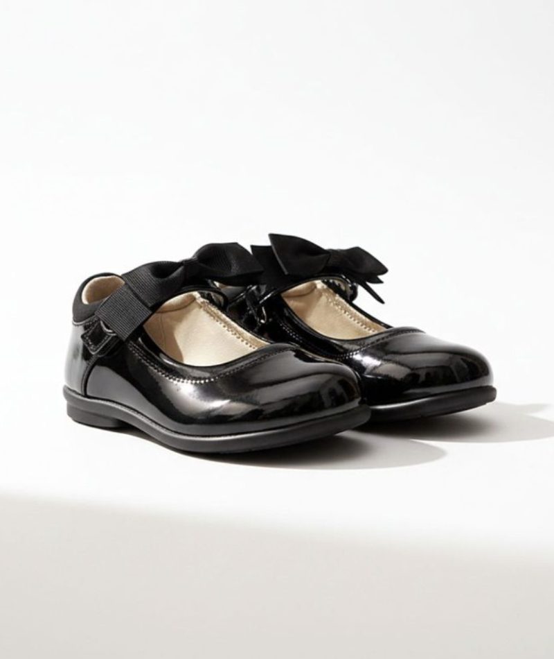Itty Bitty Girls Black Patent Bow School Shoes