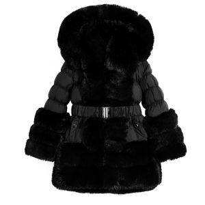 Home 3 Itty Bitty Girls Black Padded Faux Fur Belted Coat