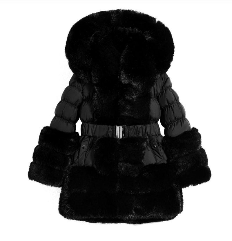 Itty Bitty Girls Black Padded Faux Fur Belted Coat