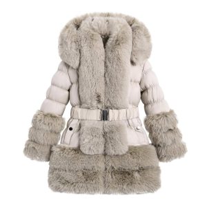 Home 1 Itty Bitty Girls Beige Padded Faux Fur Belted Coat