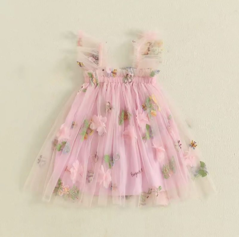 Itty Bitty Baby Girl Pink Square Neck Floral Embroidery Dress