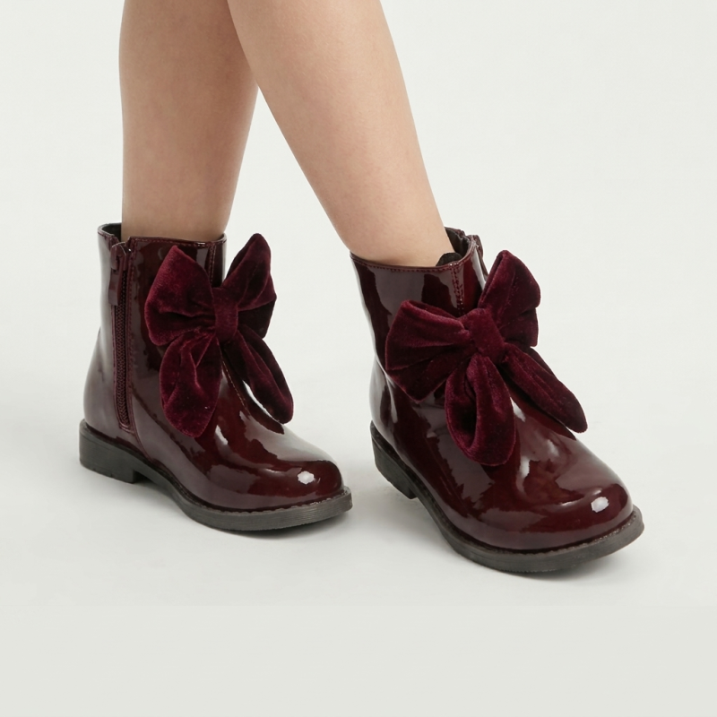 Itty Bitty Girls Burgundy Patent Velvet Bow Boots