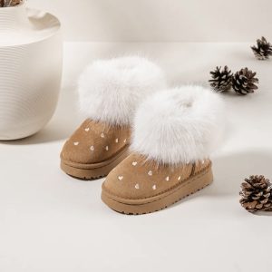 Home 6 Itty Bitty Kids Camel Faux Fur Trim Heart Snuggle Boots