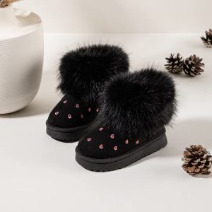 Home 4 Itty Bitty Kids Black Faux Fur Trim Heart Snuggle Boots