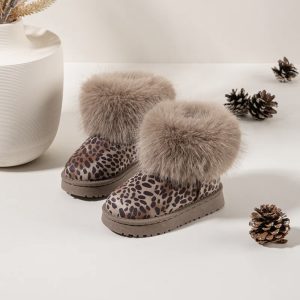 Home 2 Itty Bitty Kids Leopard Faux Fur Trim Snuggle Boots