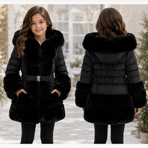Itty Bitty Girls Black Padded Faux Fur Belted Coat