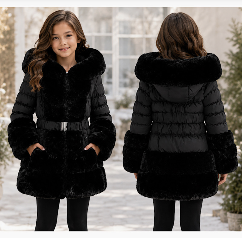 Itty Bitty Girls Black Padded Faux Fur Belted Coat