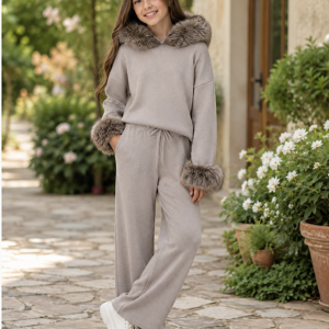 Itty Bitty Girls Beige Faux Fur Hooded Lounge Set