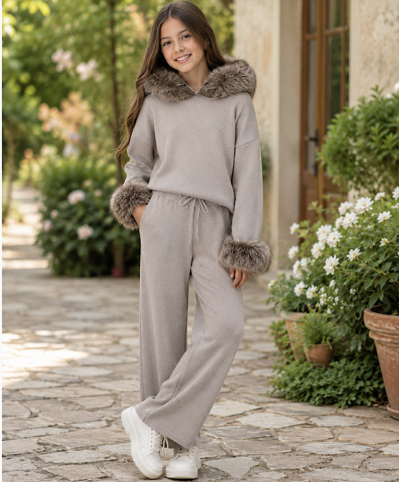 Itty Bitty Girls Beige Faux Fur Hooded Lounge Set