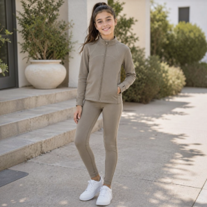 Itty Bitty Kids Beige Activewear Zip Jacket & High-Waist Leggings Set
