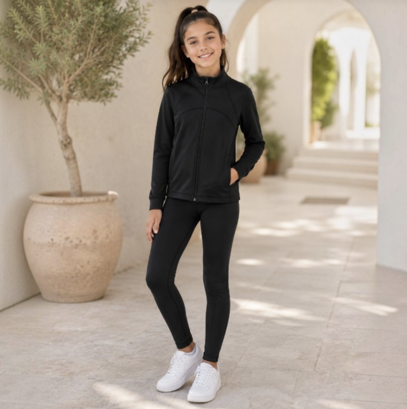 Kids Black Activewear Zip Jacket & High-Waist Leggings Set