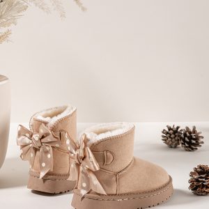 Home 2 Back view of beige kids snuggle boots with oversized polka dot satin bows