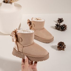 Home 3 Itty Bitty Kids Beige Snuggle Boot with polka dot satin bow and fluffy lining