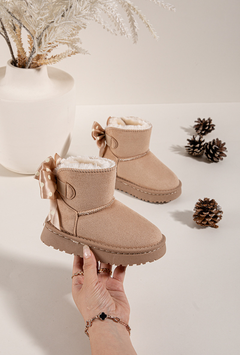 Itty Bitty Kids Beige Polka Dot Bow Snuggle Boots 1 Itty Bitty Kids Beige Snuggle Boot with polka dot satin bow and fluffy lining